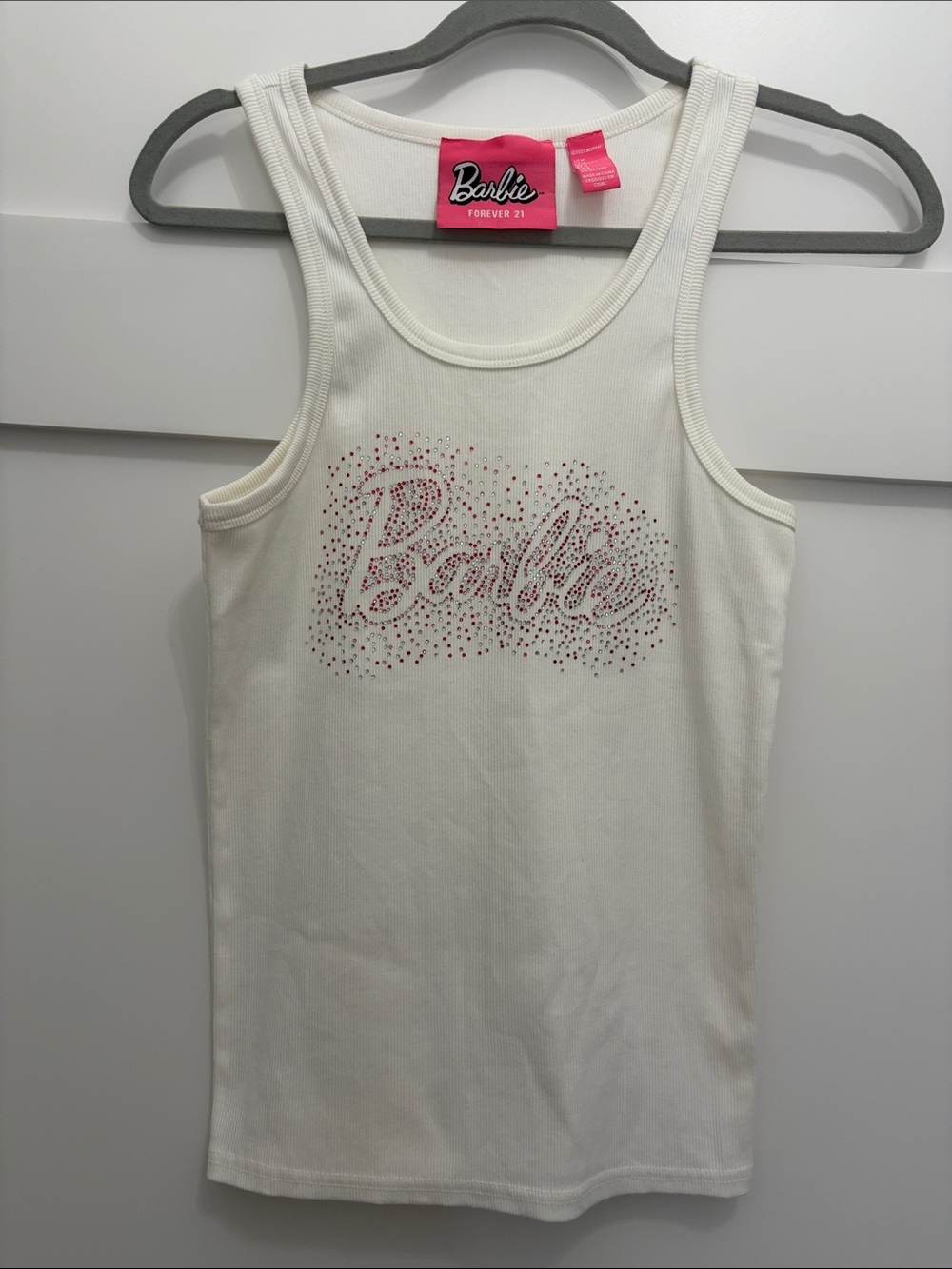 Barbie White Tank top from Forever 21 with pink sparkle embellishments size M